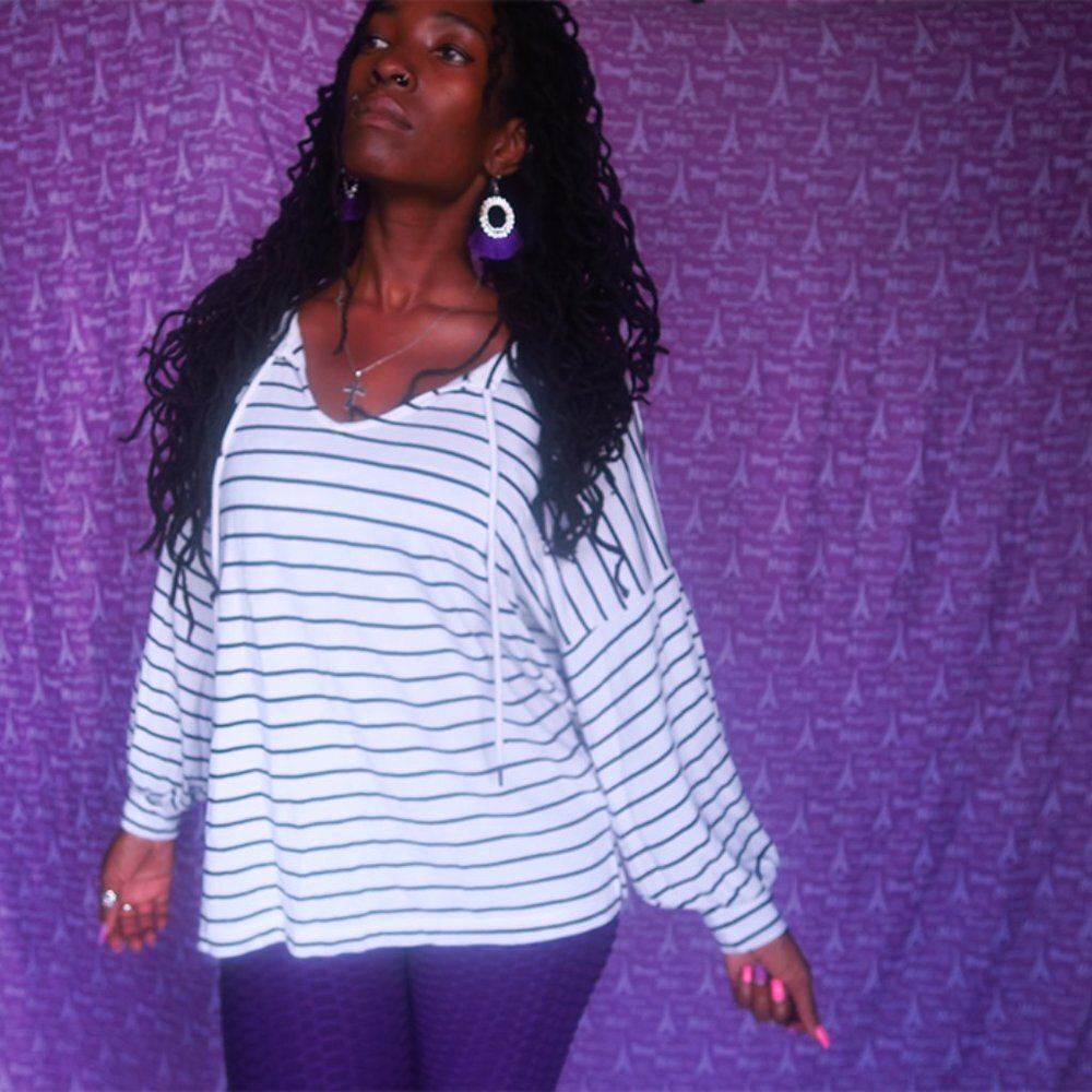 Cabi horizontal stripe long sleeve shirt top slight balloon sleeves in white S